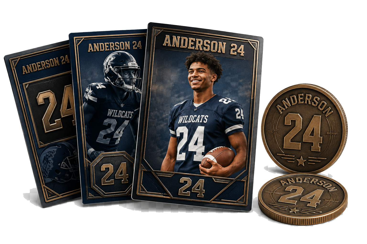 Physical athlete trading cards and commemorative coins