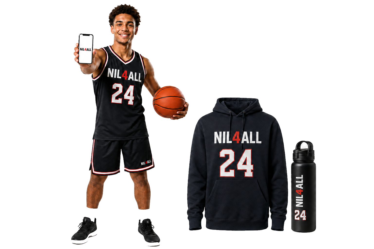 NIL4ALL basketball athlete with phone, hoodie and water bottle